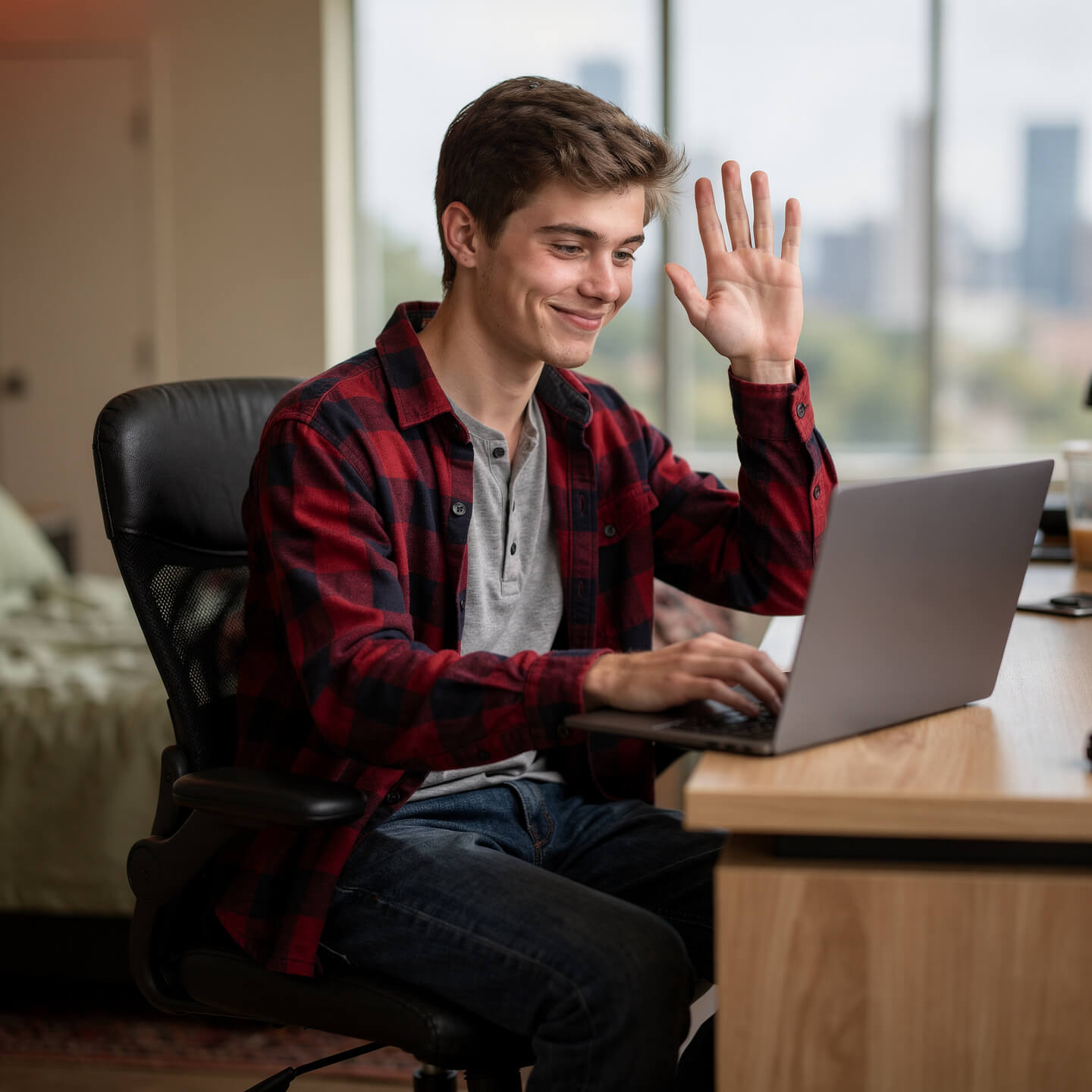 A Praxis participant waving hello as he joins a call from his desk.